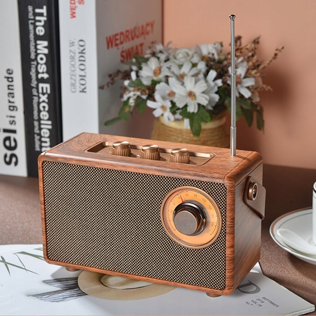 Máy nghe nhạc radio thiết kế cổ điển bằng gỗ mini nhỏ