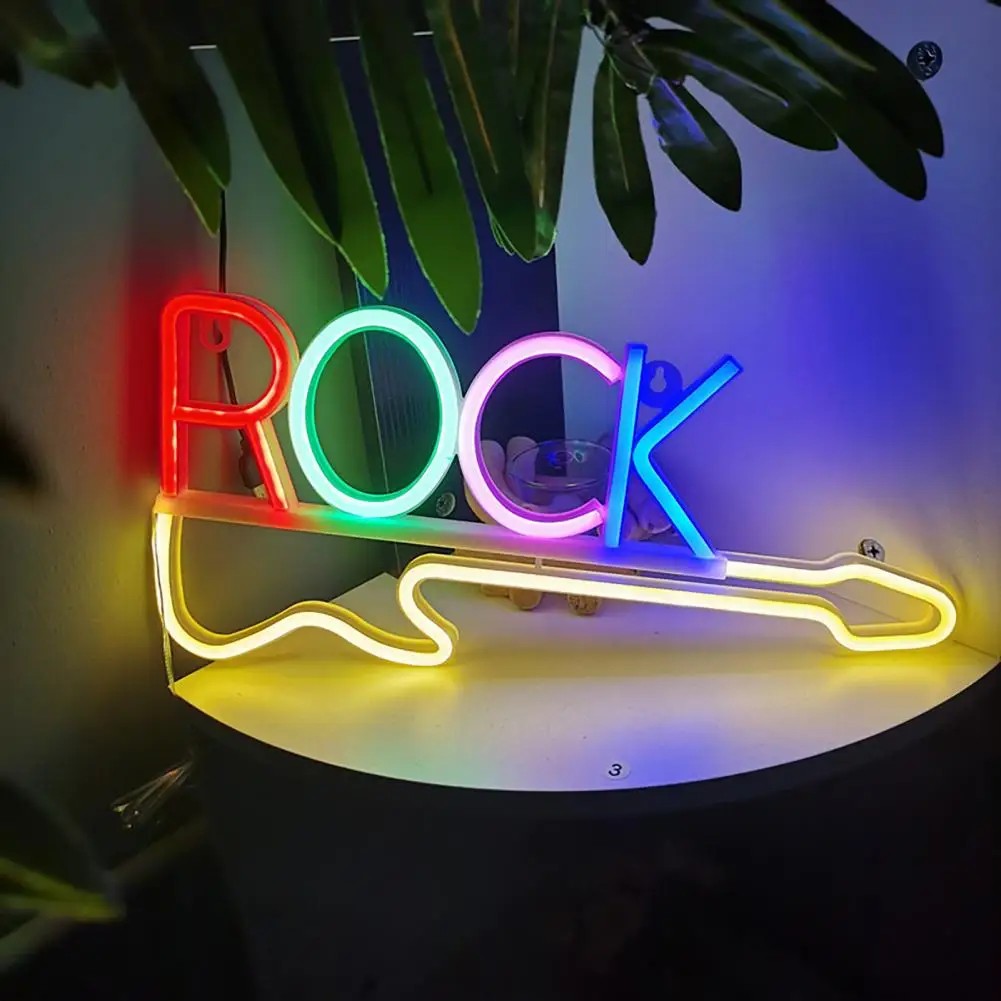 bảng hiệu đèn neon trên tường - guitar rock