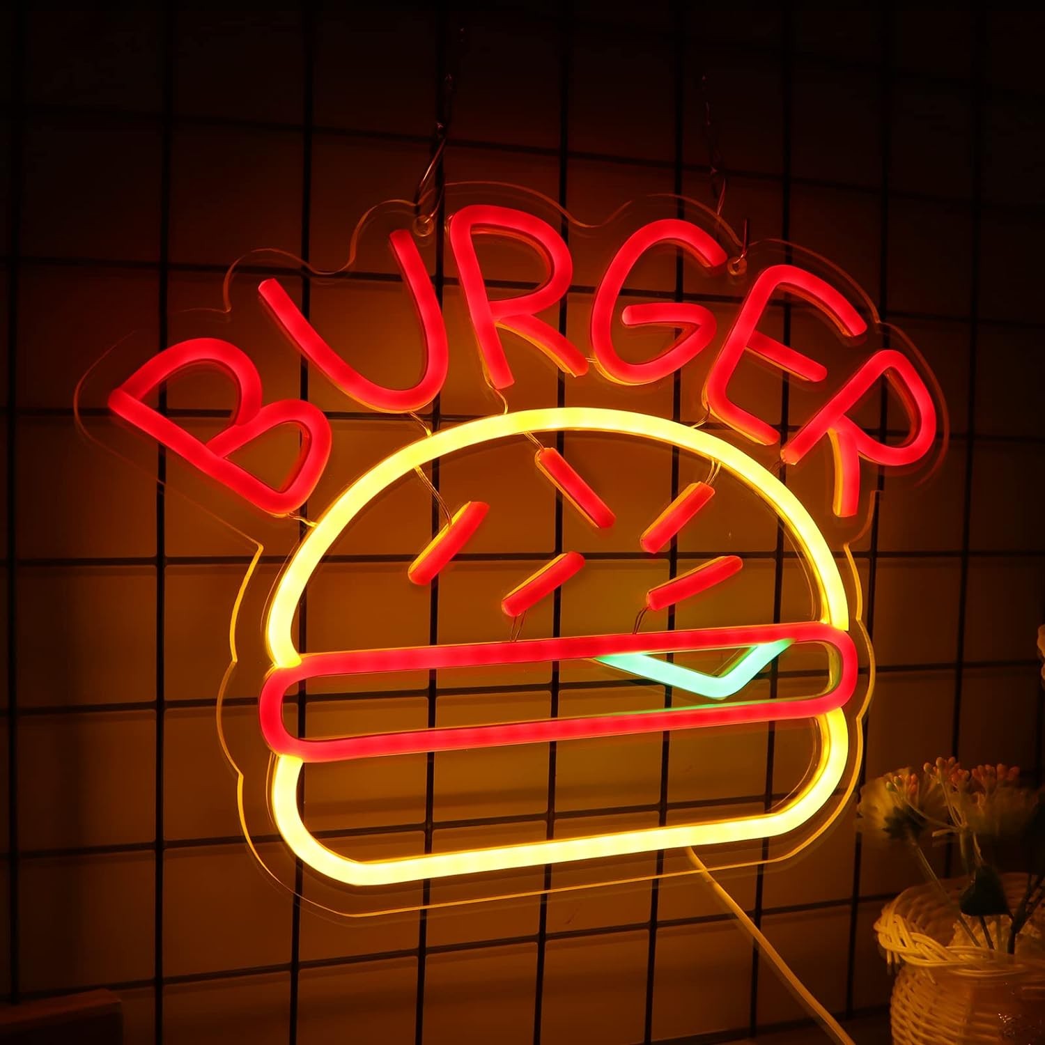 burger chiếu sáng logo dấu hiệu neon trên tường