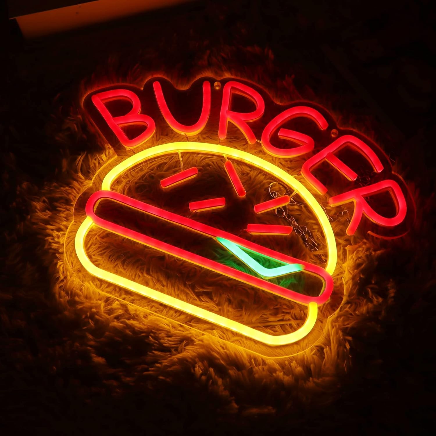 Quảng cáo Burger được chiếu sáng bằng bảng hiệu đèn LED neon phát sáng